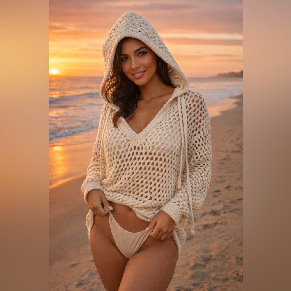 American Eagle Crochet Cream Boho Beach Sweater | Size Medium